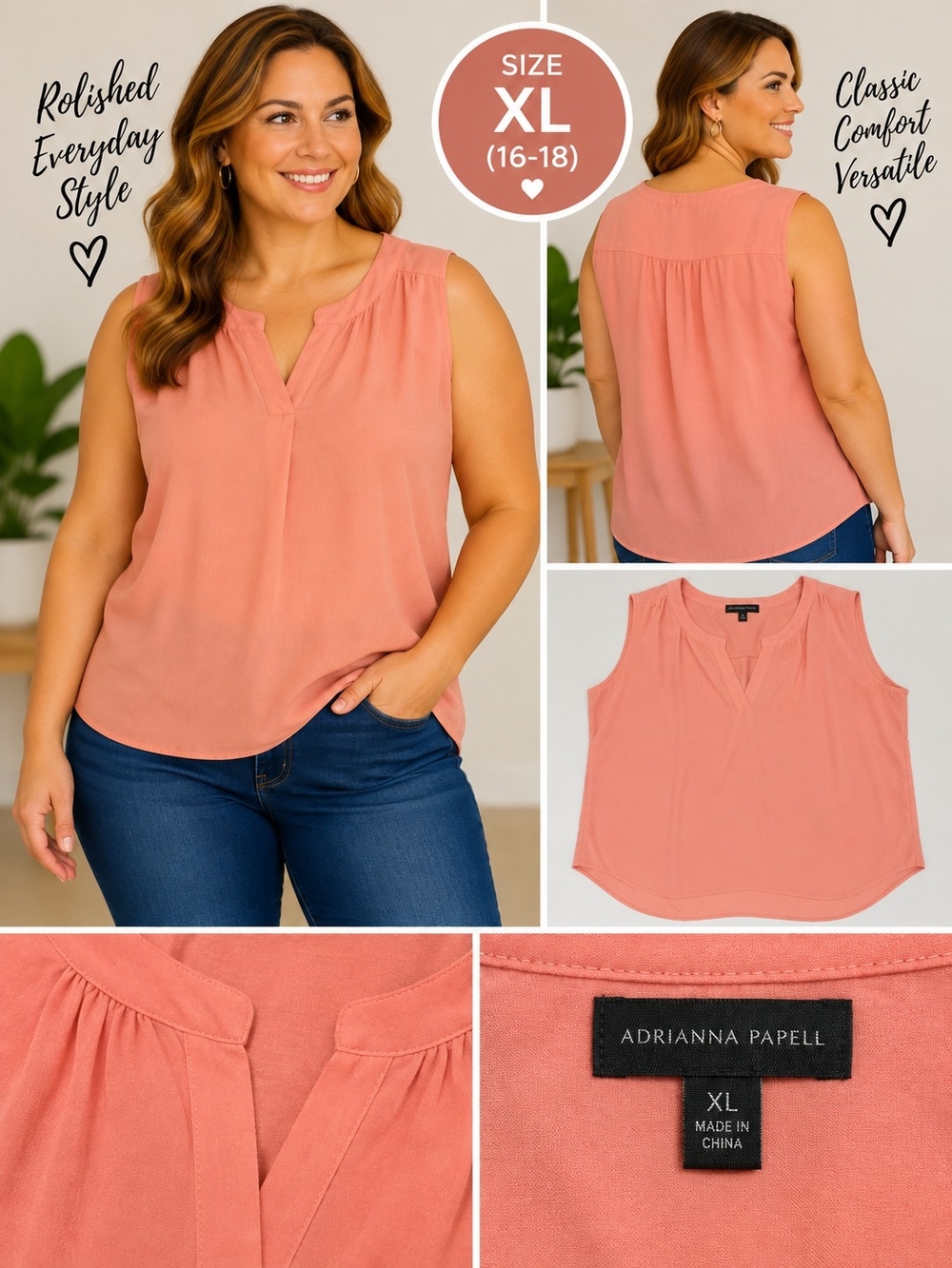 Adrianna papell women's XL peach v neck blouse #31